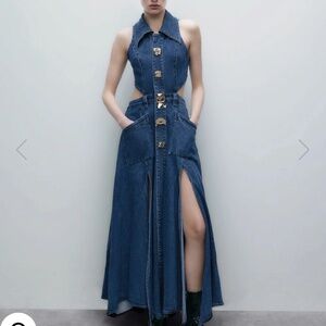 Sleeveless Blue Denim Cutout Maxi Dress with Front Slits